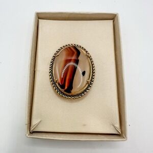 Vtg New In Box Agate Gold Broche Pin‎ Swirled Amber Black Orange 1 1/4" Stone